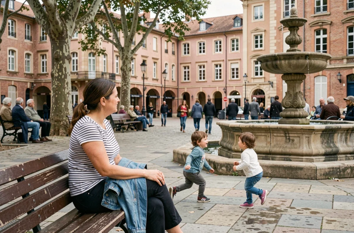 Mère surveillant ses enfants qui jouent dans une place publique typique de Toulouse avec fontaine en pierre