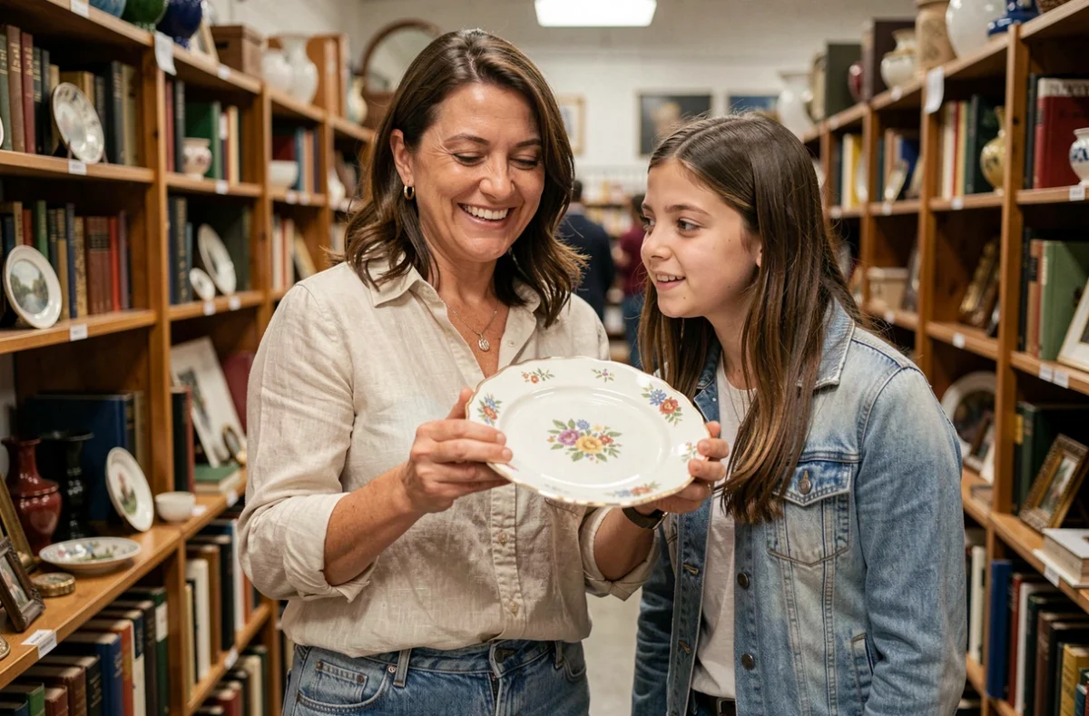 Mère et fille découvrant des objets anciens dans un vide-grenier couvert lors d'une braderie du week-end