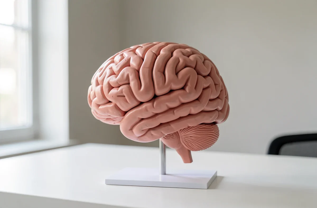 Modèle anatomique du cerveau humain posé sur un bureau