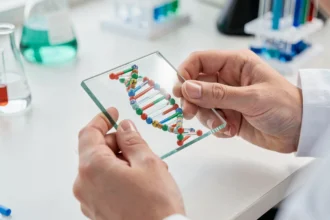 Modèle d'ADN tenu dans un laboratoire de génétique