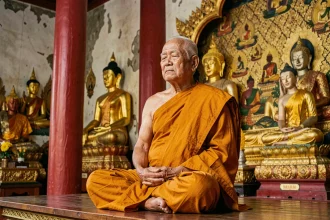 Moine bouddhiste thaïlandais en robe safran méditant dans un temple orné avec statues dorées et colonnes laquées rouges