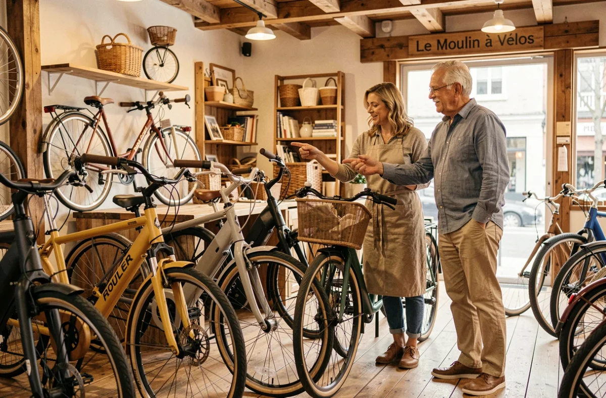 Vendeuse du Moulin à Vélos présentant un vélo électrique à un client dans cette boutique proposant vélos classiques et électriques