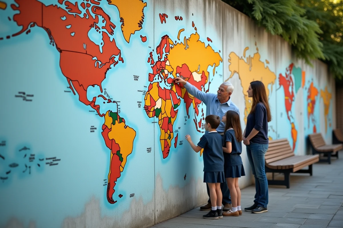 Jeune femme et enfant regardant une carte du monde sur un mur