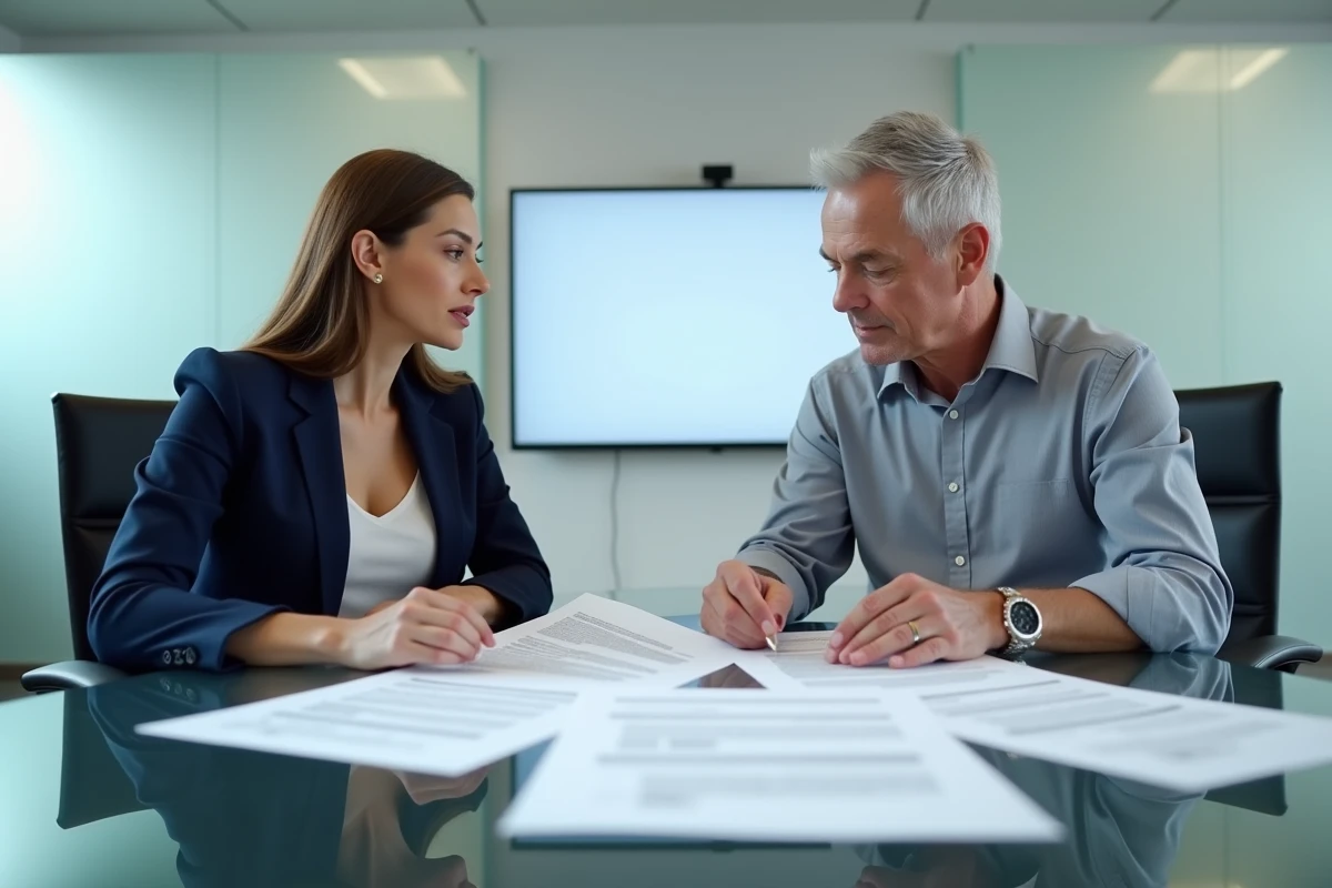 Deux professionnels en réunion analysant un contrat imprimé autour d'une table de conférence en verre, illustrant la bonne foi contractuelle
