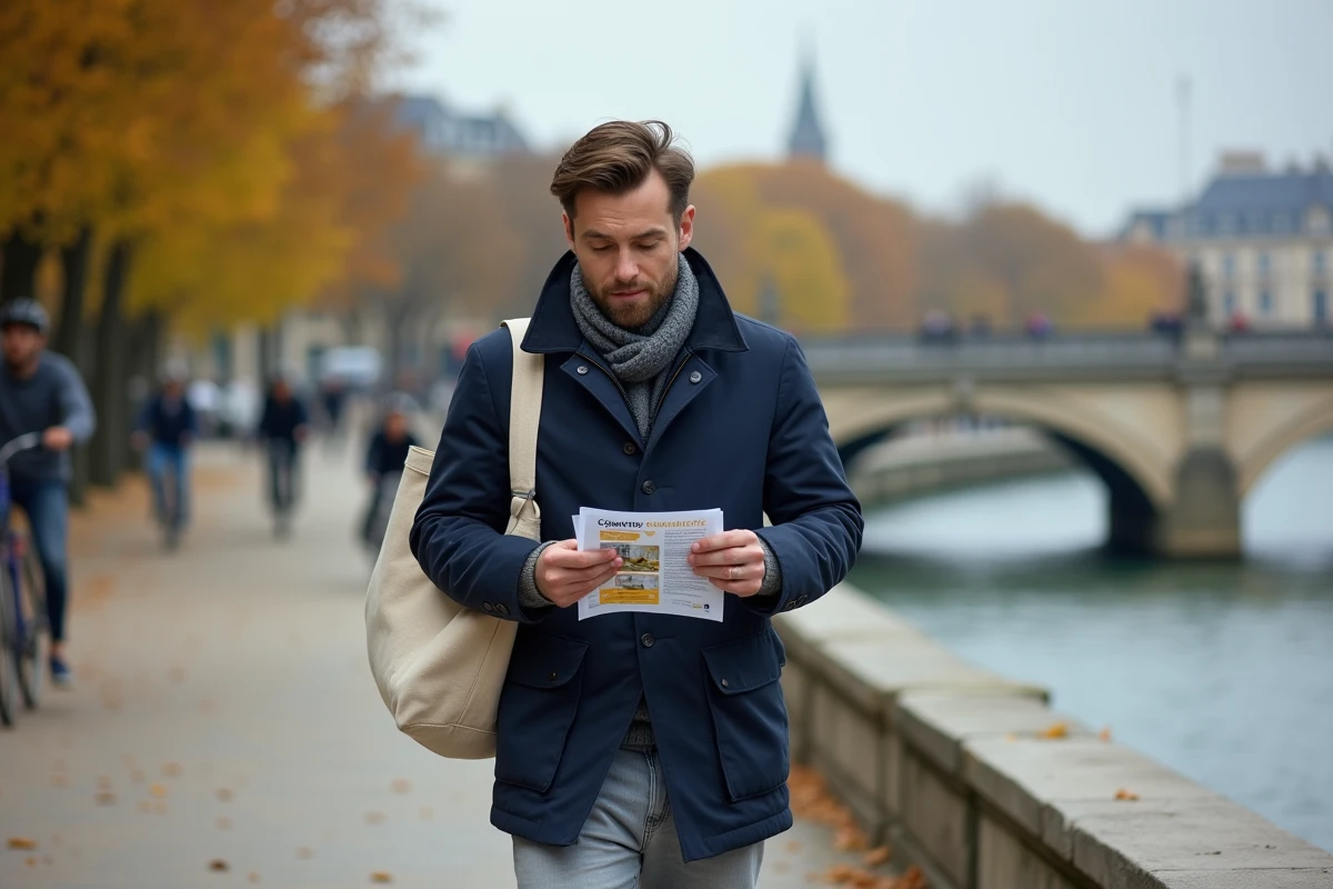 Nouvel arrivant à Paris consultant un flyer de la communauté OVS en se promenant sur les quais de la Seine à l'automne
