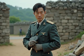 Officier japonais en uniforme devant un mur en ruines