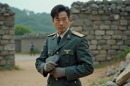 Officier japonais en uniforme devant un mur en ruines