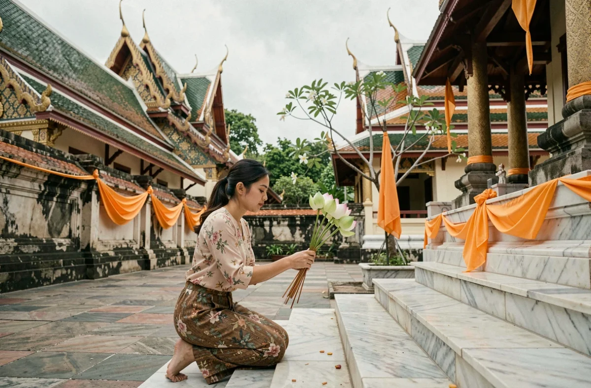 Jeune femme thaïlandaise faisant des offrandes de fleurs de lotus et d'encens devant un sanctuaire extérieur d'un temple bouddhiste
