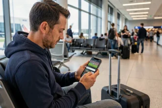 Homme dans un aéroport enregistrant un match de football sur son smartphone via l'application Orange TV