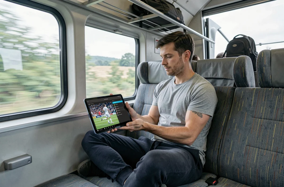 Jeune homme dans un train enregistrant un match sportif sur sa tablette grâce à Orange TV pendant un déplacement