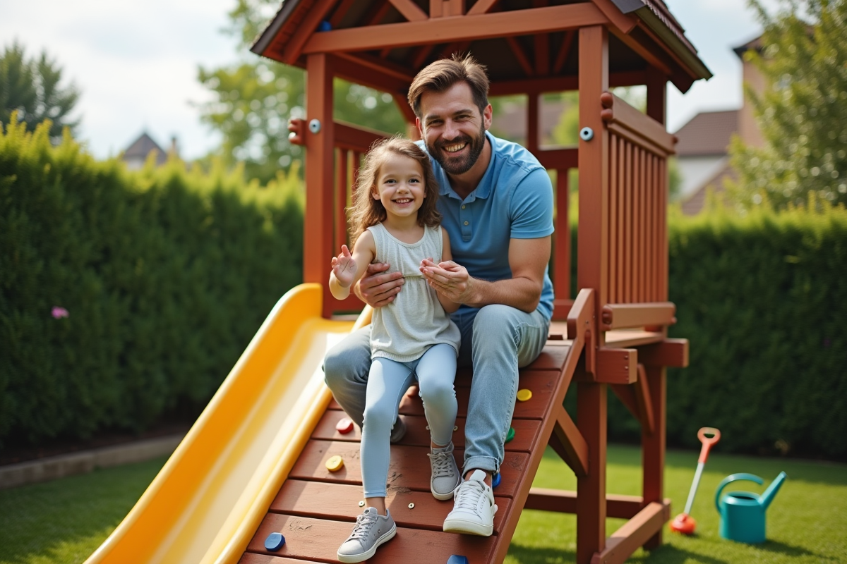 Pere et fille grimant sur une aire de jeu en jardin ensoleille