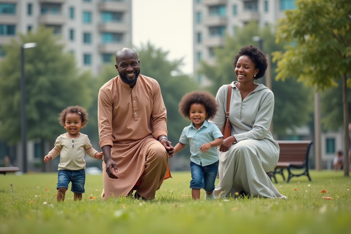 Parents et enfants de cultures différentes dans un parc urbain