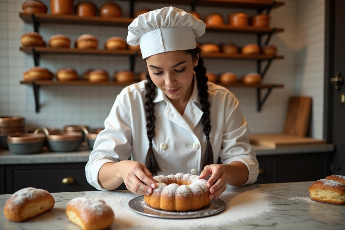 Pâtissière alsacienne décorant un kugelhopf traditionnel dans une boulangerie authentique de Strasbourg