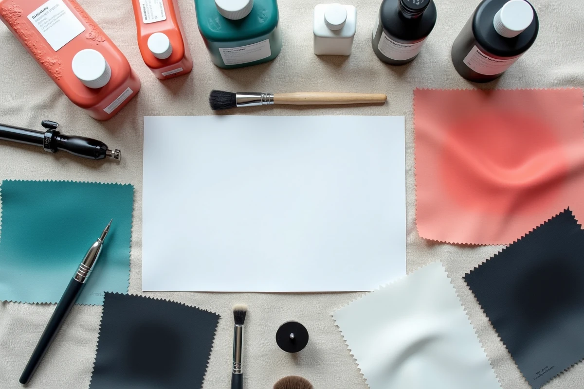 Vue à plat de peintures pour aérographe textile avec outils et échantillons de tissu peints pour personnalisation de vêtements