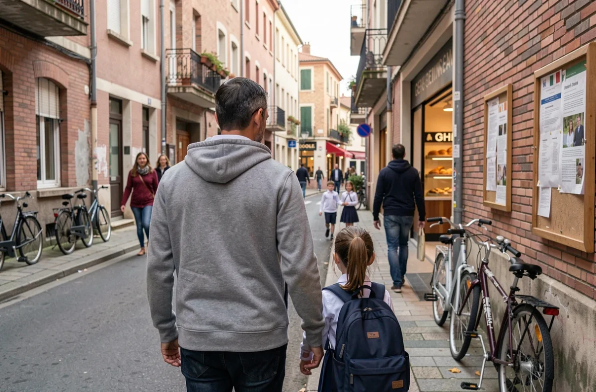 Père accompagnant sa fille à l'école primaire dans un quartier résidentiel de Toulouse le matin