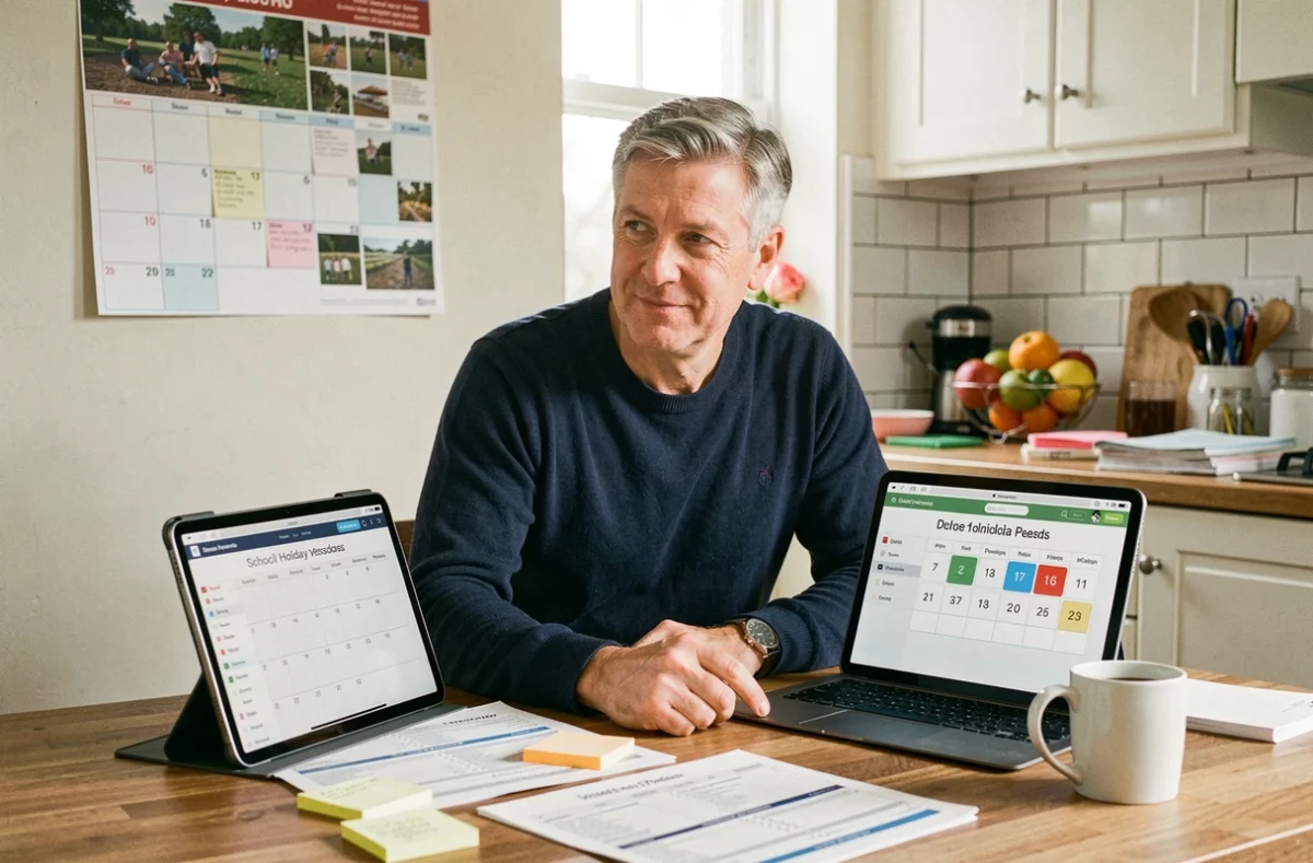 Père de famille planifiant les vacances scolaires avec un calculateur de dates en ligne sur une tablette dans sa cuisine