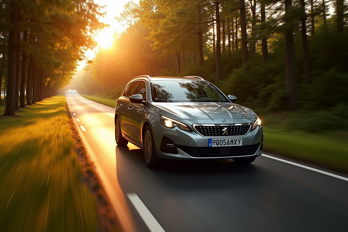 Peugeot 408 hybride en conduite dans la campagne au coucher du soleil