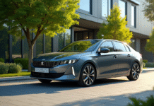 Peugeot 408 hybride devant un bâtiment écologique moderne