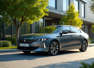 Tour d’horizon de la Peugeot 408 hybride, un modèle écologique Peugeot 408 hybride devant un bâtiment écologique moderne