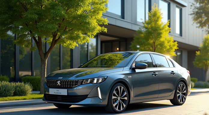 Peugeot 408 hybride devant un bâtiment écologique moderne