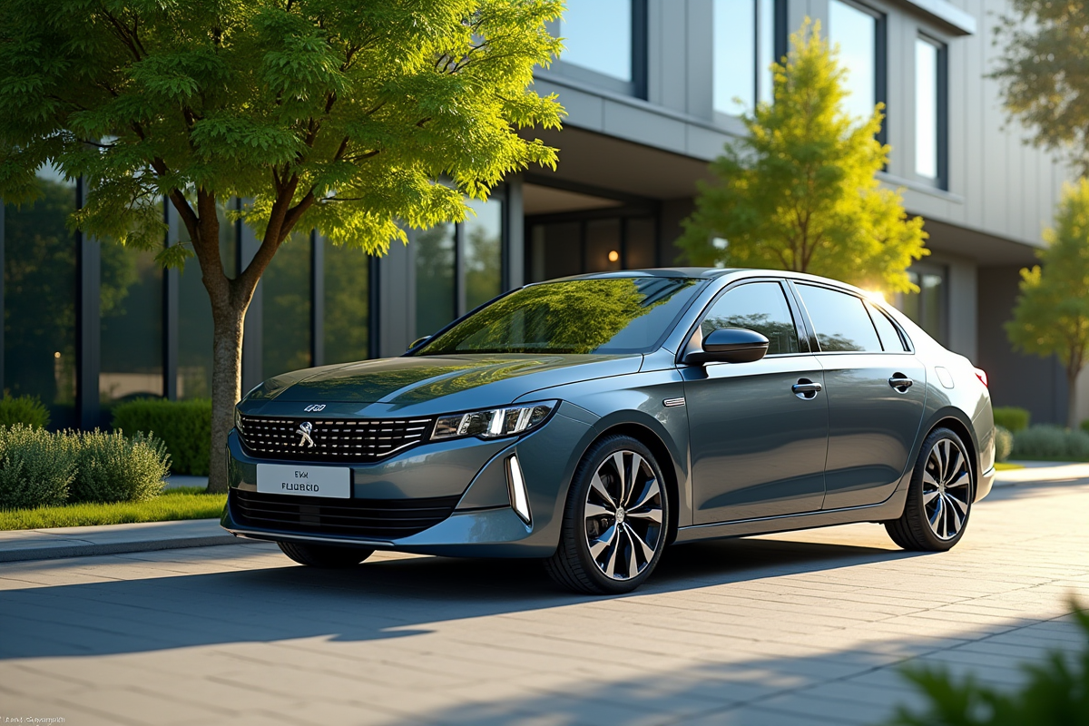 Peugeot 408 hybride devant un bâtiment écologique moderne