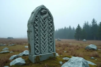Pierre runique viking gravée de nœuds entrelacés et d'un dragon serpentin dans un paysage nordique naturel