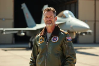 Pilote de chasse en blouson de vol militaire devant un hangar aéronautique, évoquant l'univers de Top Gun 3