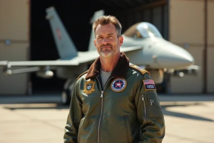Pilote de chasse en blouson de vol militaire devant un hangar aéronautique, évoquant l'univers de Top Gun 3