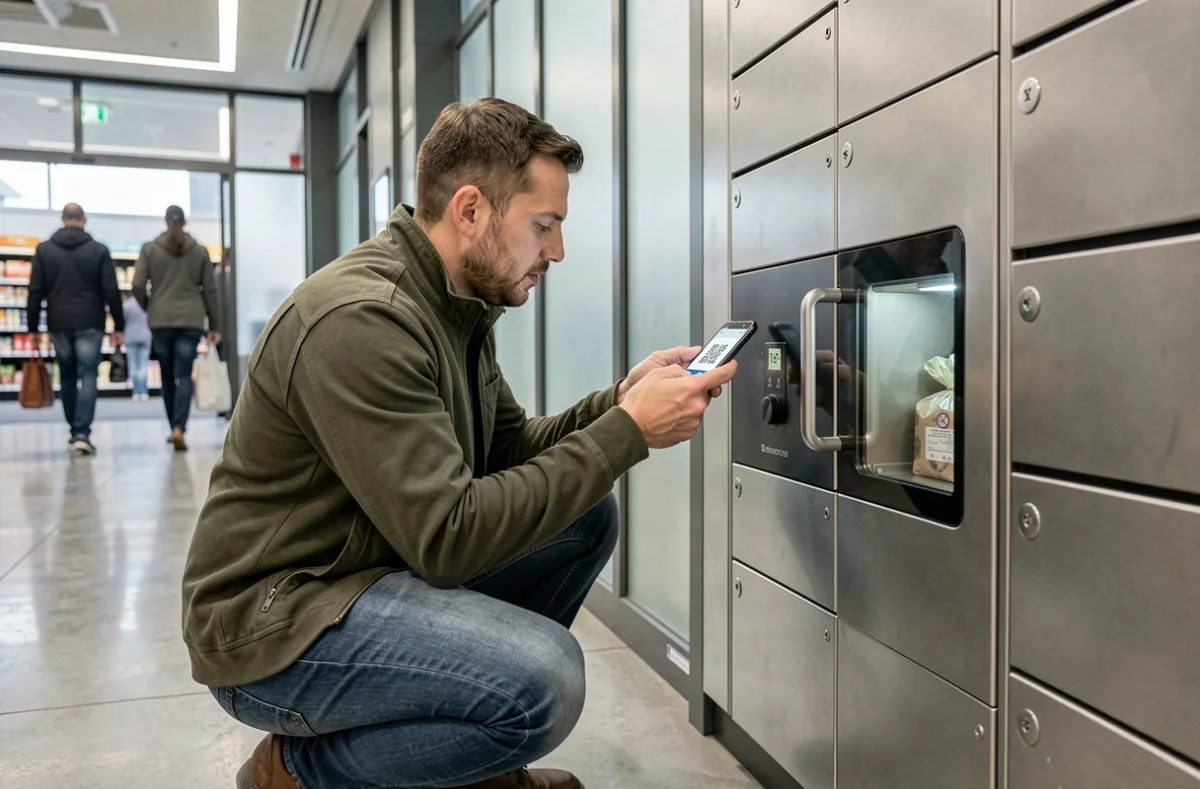 Homme scannant un QR code sur une consigne automatique de point relais Vinted Go dans un supermarché