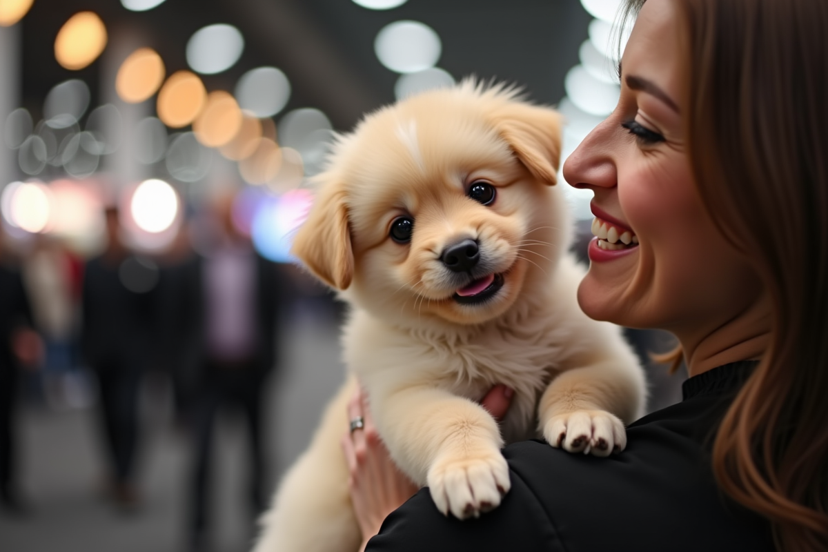 Portrait d un chiot pelucheux tenu par un visiteur souriant