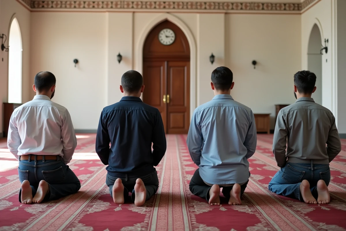 Fidèles en prière collective dans la salle de prière d'une mosquée au Blanc-Mesnil, Seine-Saint-Denis