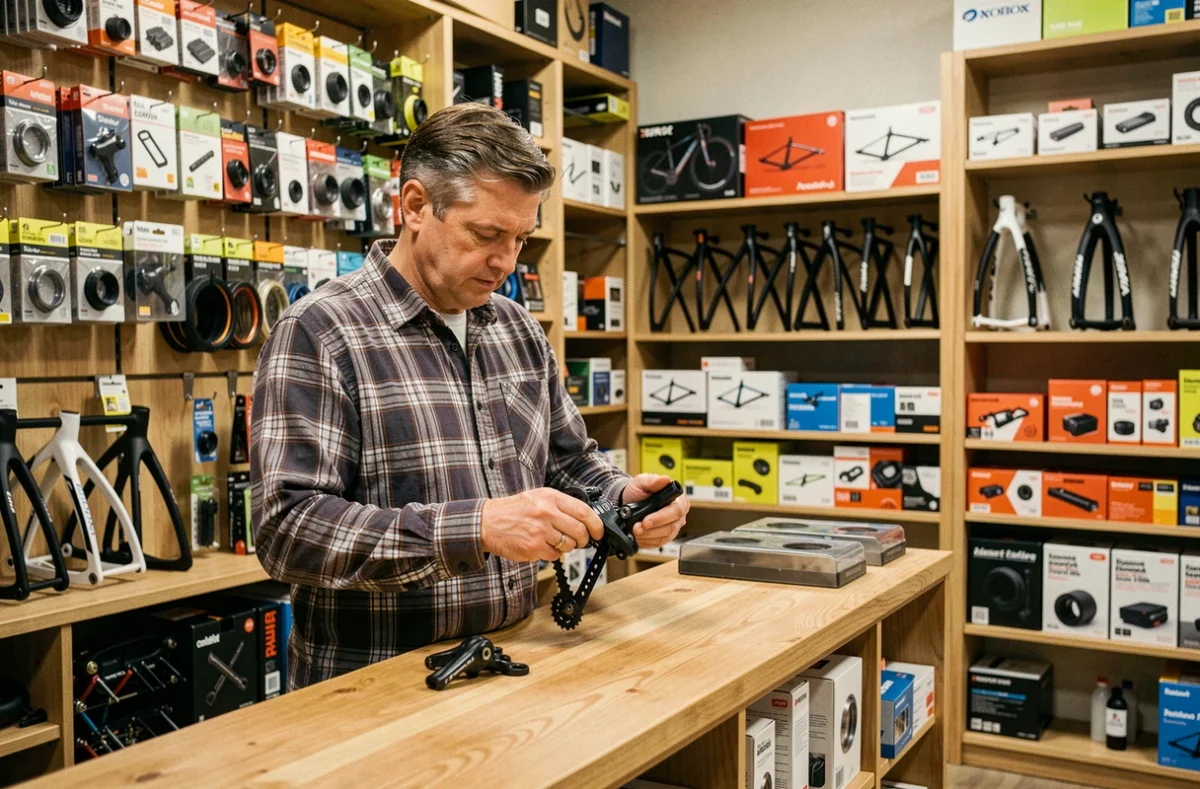 Propriétaire de Procycling-import examinant un composant de vélo dans sa boutique spécialisée pour passionnés de cyclisme