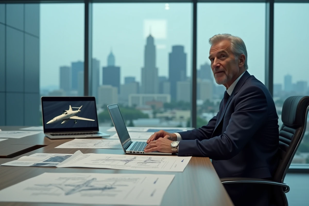 Producteur de cinéma hollywoodien examinant des documents de production pour un grand film d'action aéronautique