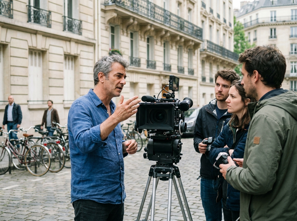 Professeur de cinéma dirigeant un tournage en extérieur dans une rue parisienne avec ses étudiants