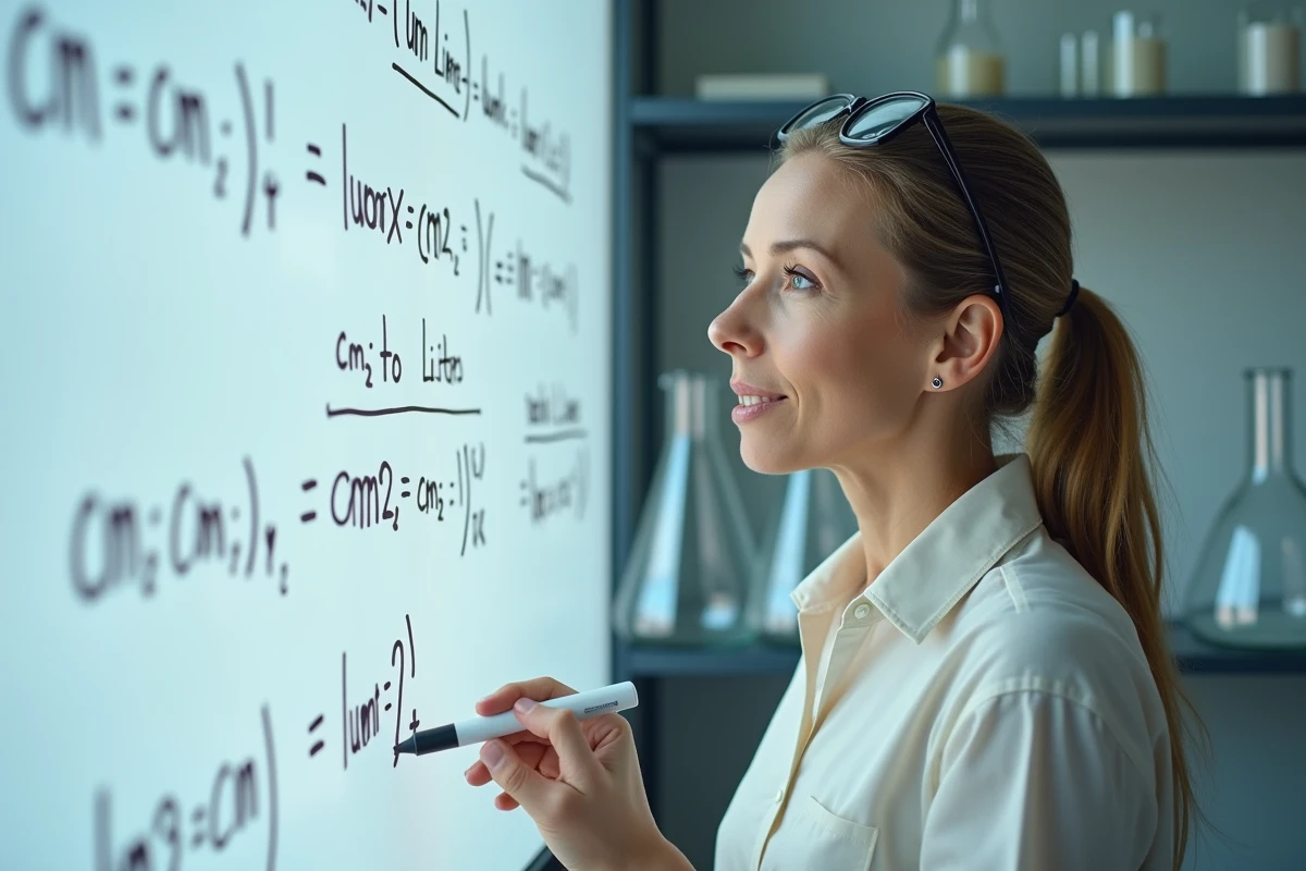 Professeure de sciences expliquant la conversion des unités de volume en centimètres cubes et litres au tableau blanc