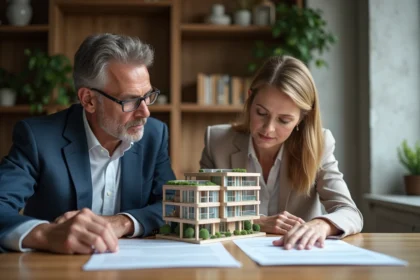 Couple d'adultes examinant des documents immobiliers