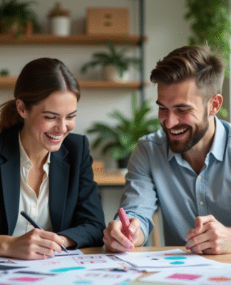 Deux jeunes professionnels rient en examinant des maquettes de produits dans un bureau moderne