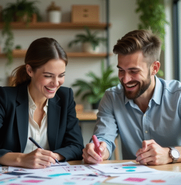 Collaboration entre marques : tendance populaire en 2025 ! Deux jeunes professionnels rient en examinant des maquettes de produits dans un bureau moderne