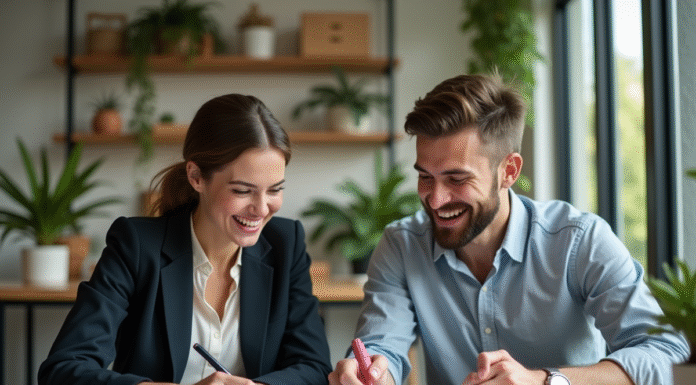Deux jeunes professionnels rient en examinant des maquettes de produits dans un bureau moderne