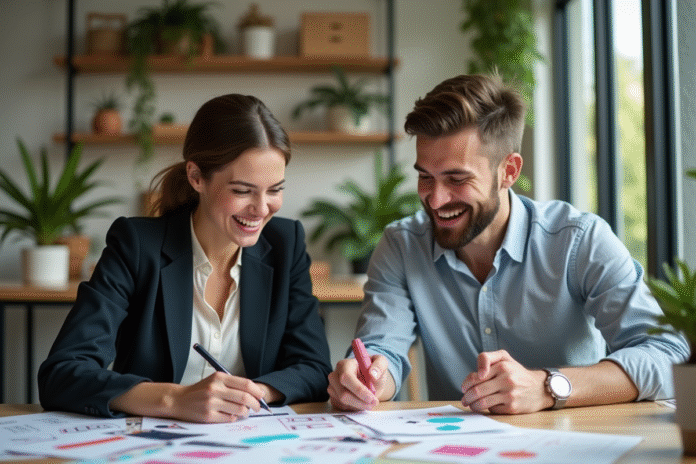 professionnels-reunion-prototypes Deux jeunes professionnels rient en examinant des maquettes de produits dans un bureau moderne