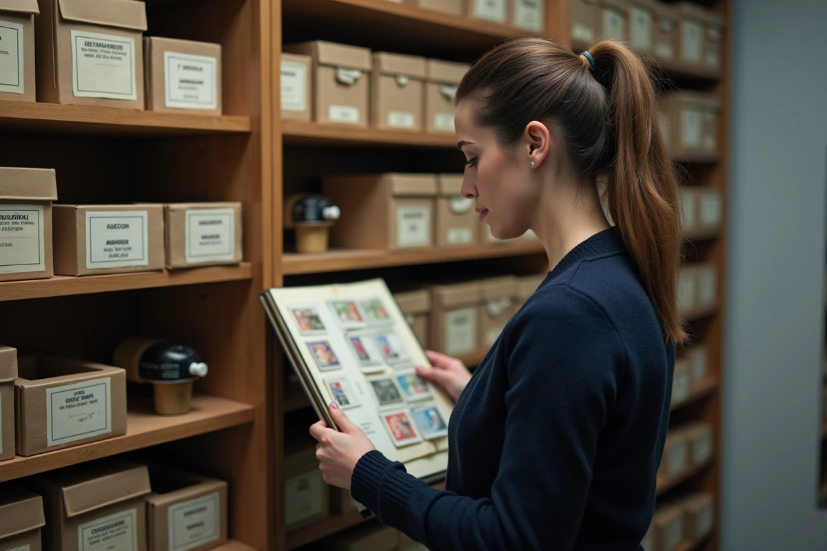 Femme rangeant un album de timbres rares français dans un meuble de stockage archivistique pour une conservation optimale