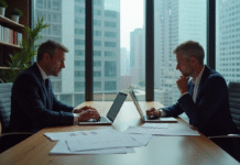 Homme et femme d'affaires en réunion dans un bureau moderne