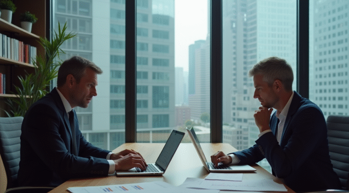 Homme et femme d'affaires en réunion dans un bureau moderne