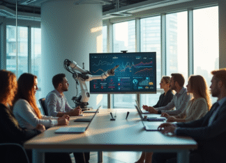 Réunion de bureau avec robot présentant des données