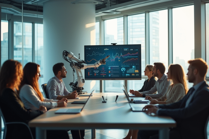 reunion-robots-donnees Réunion de bureau avec robot présentant des données