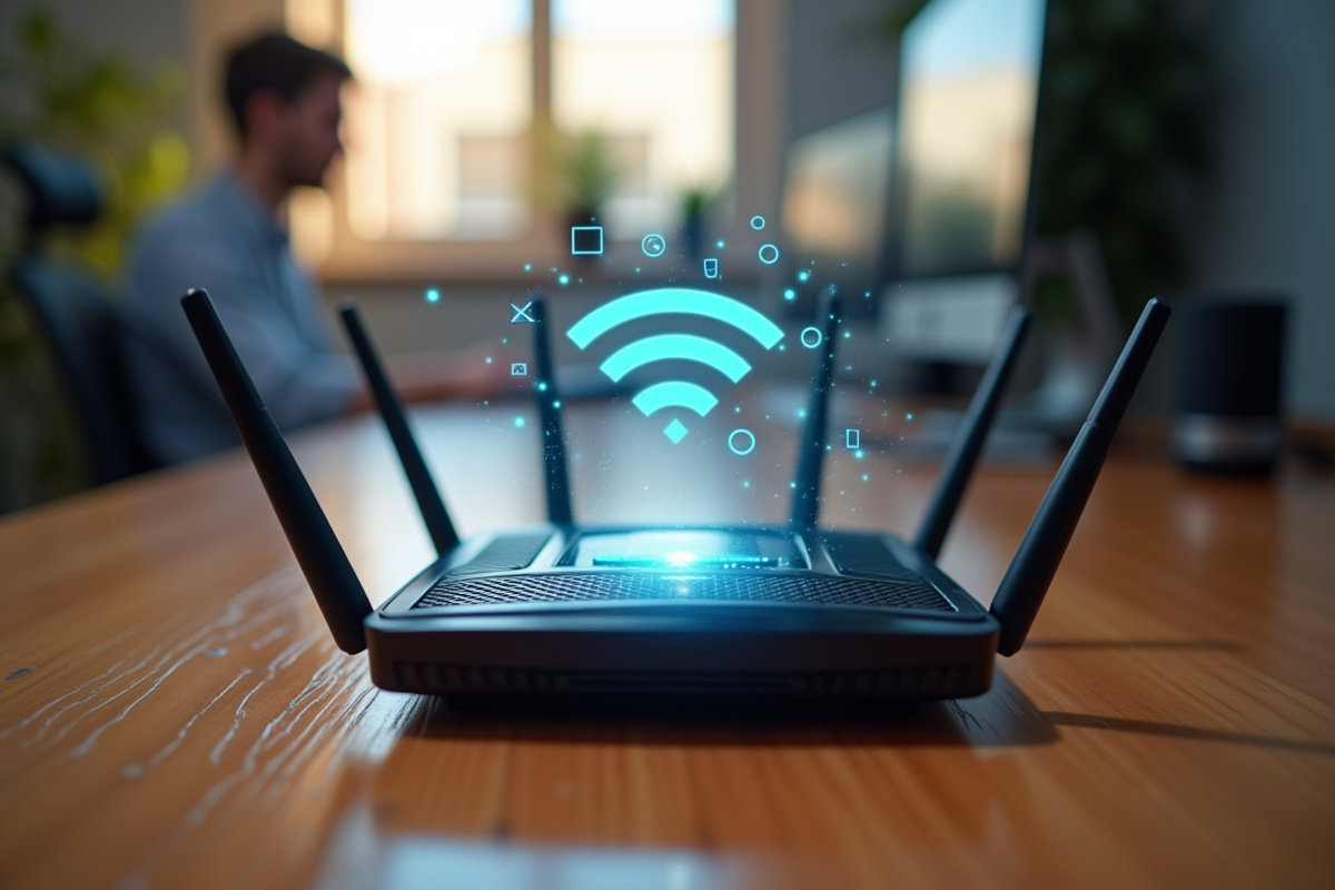 Closeup d un routeur wifi avec symboles de connexion lumineux
