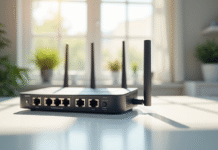 Routeur sans fil moderne sur bureau blanc avec ports Ethernet