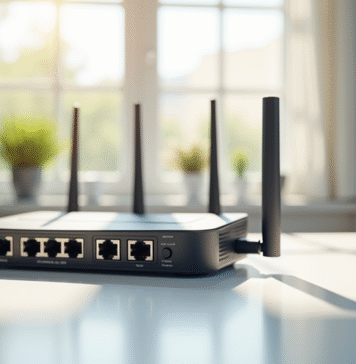 Routeur sans fil moderne sur bureau blanc avec ports Ethernet