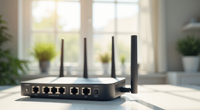Routeur sans fil moderne sur bureau blanc avec ports Ethernet