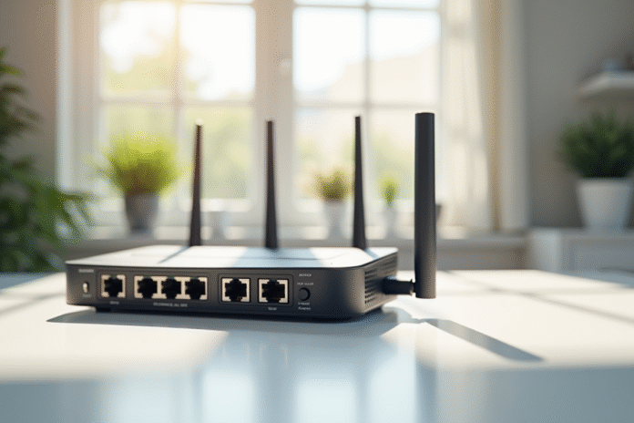 routeur-wifi-ethernet-blanc Routeur sans fil moderne sur bureau blanc avec ports Ethernet